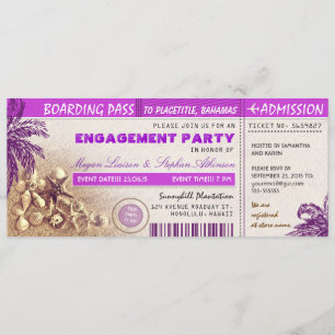 Convite bilhetes de embarque roxo para Festa de noivado