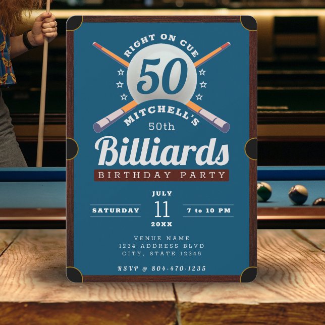 Convite Bilhetes de Mesa da piscina 50ª Festa de aniversár (Pool Billiards 50th Birthday Party Blue Invitation
)