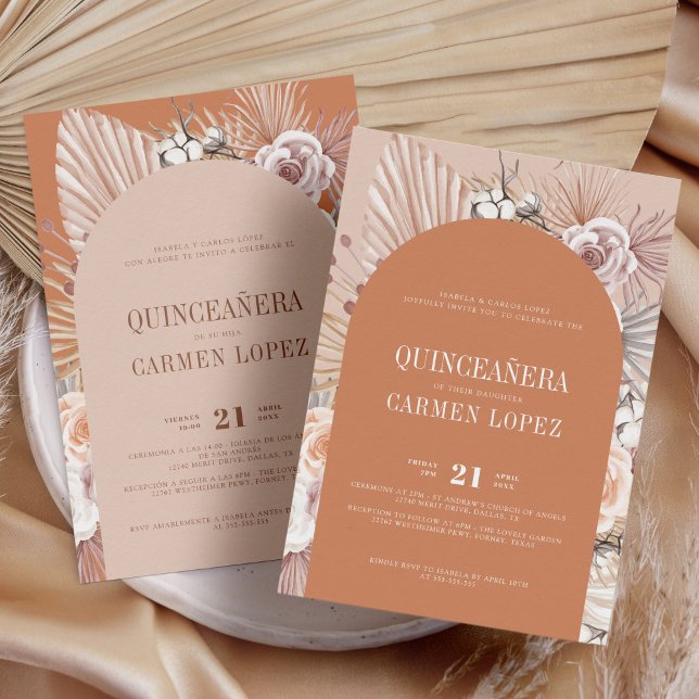 Convite Bilingual Boho Moderno Terracotta Quinceanera (Criador carregado)
