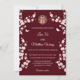 Convite BILINGUAL   Casamento Chinês Maroon Cherry Blossom
