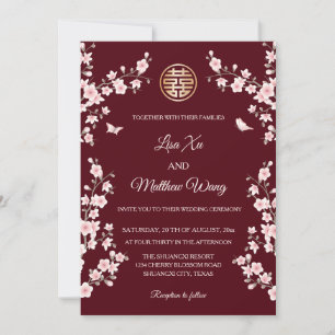 Convite BILINGUAL   Casamento Chinês Maroon Cherry Blossom
