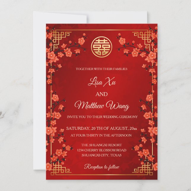 Convite BILINGUAL Red Cherry Blossom | Casamento Chinês (Frente)