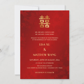 Convite Bilingual | Simple Red Gold Chinese Wedding
