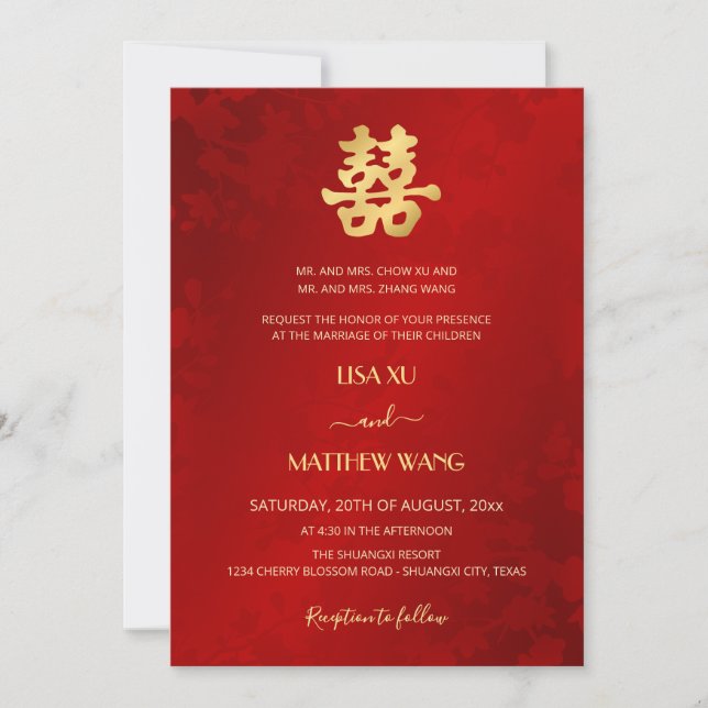 Convite Bilingual | Simple Red Gold Chinese Wedding (Frente)