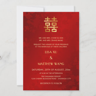 Convite Bilingual | Simple Red Gold Chinese Wedding