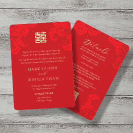 Convite Bilingual Vietnamese English Red Floral Wedding