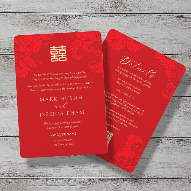 Convite Bilingual Vietnamese English Red Floral Wedding (Criador carregado)