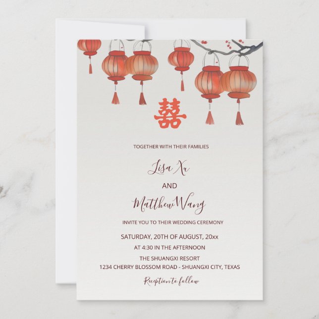 Convite BILINGUAL Watercolor Lanterna Chinesa Casamento (Frente)