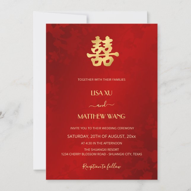 Convite Bilingue | Casamento Chinês Vermelho Dourado Simpl (Frente)