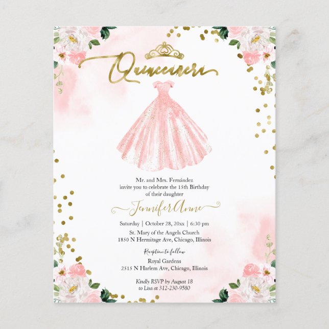 Convite Bilingue de Quinceanera com Orçamento Flor (Frente)