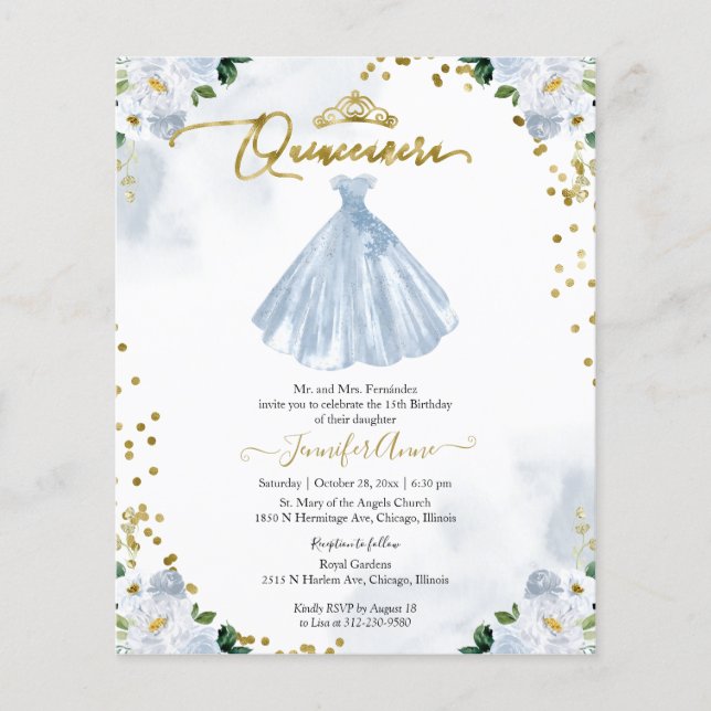 Convite Bilingue de Quinceanera com Orçamento Flor (Frente)