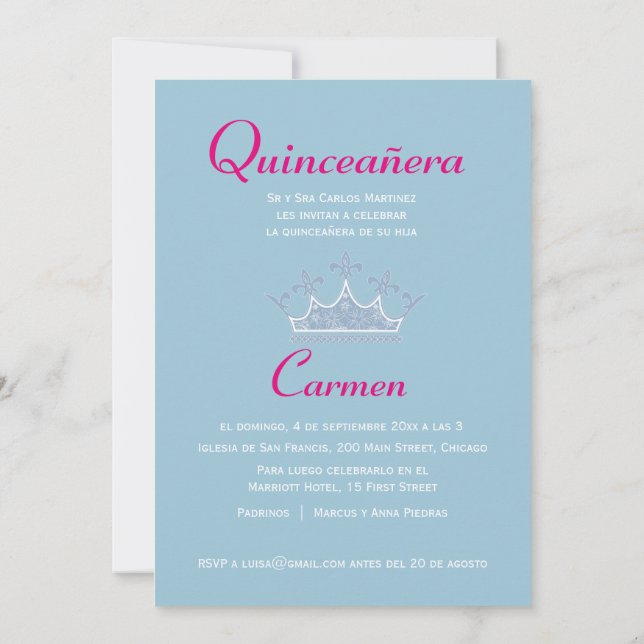Convite Bilíngue de Quinceañera Tiara de 2 Lados (Verso)