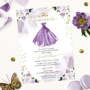 Convite Bilingue de Quinze Anos com Floral Roxo
