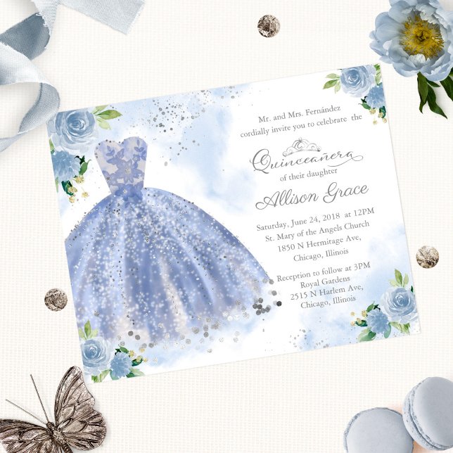 Convite Bilingue de Quinze Anos de Vestido Azul Ec (Criador carregado)