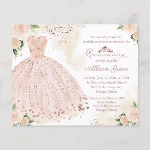 Convite Bilingue de Quinze Anos de Vestido Rosa Ec