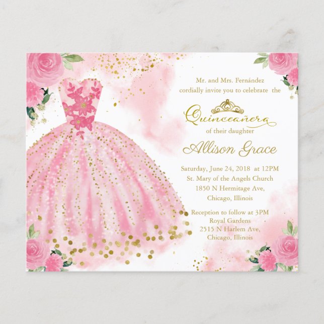 Convite Bilingue de Quinze Anos de Vestido Rosa Ec (Frente)