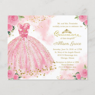 Convite Bilingue de Quinze Anos de Vestido Rosa Ec