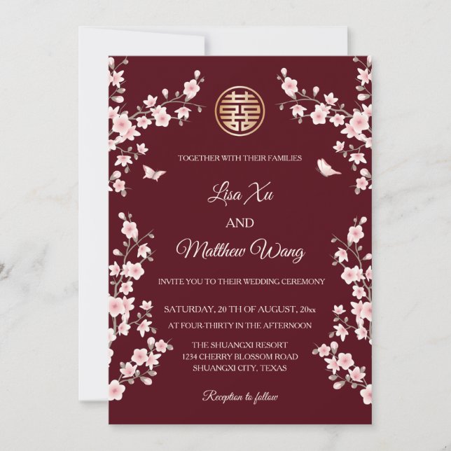 Convite BILÍNGUE | Flor de Borboleta Marrom Casamento Chin (Frente)