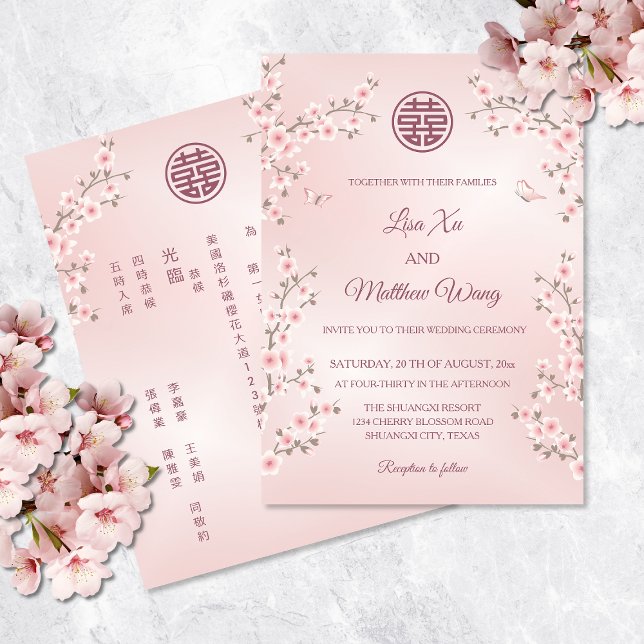 Convite BILÍNGUE | Flor de Cerejeira Rosa Casamento Chinês (Criador carregado)