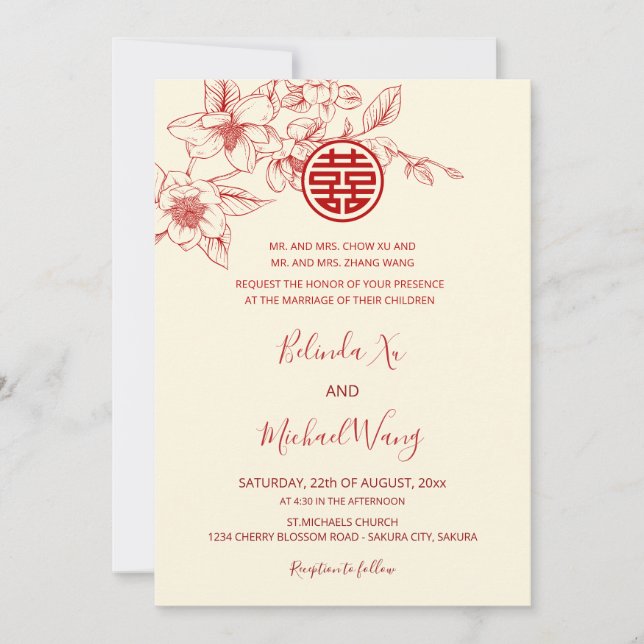 Convite BILÍNGUE | Magnólia Creme Casamento Chinês (Frente)