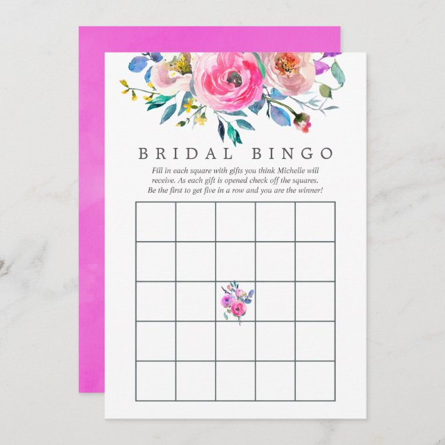 Convite Bingo Chá de panela Floral de Aquarela Rosa-Quente (Frente/Verso)