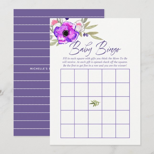 Convite Bingo de Bebê Chuveiro de Bebê Floral em Aquarela  (Frente/Verso)