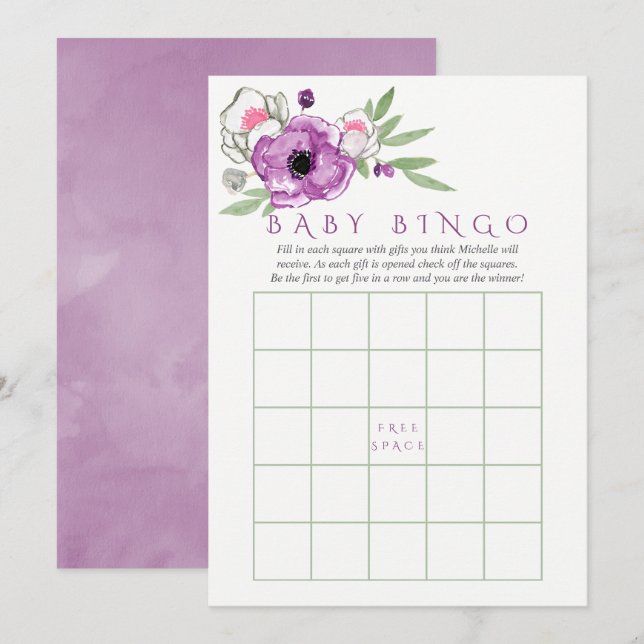 Convite Bingo de Bebê Chuvinha de Bebê Violeta Floral e Sa (Frente/Verso)