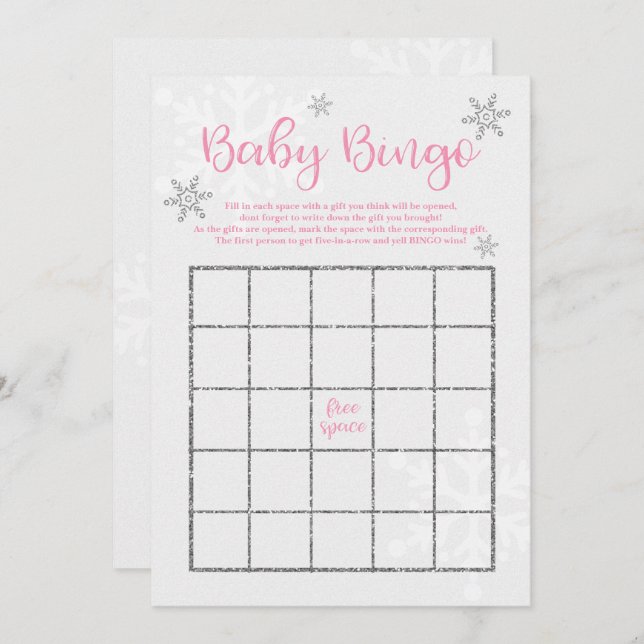 Convite Bingo de Bebê Floco de Neve Rosa e Prata de Invern (Frente/Verso)
