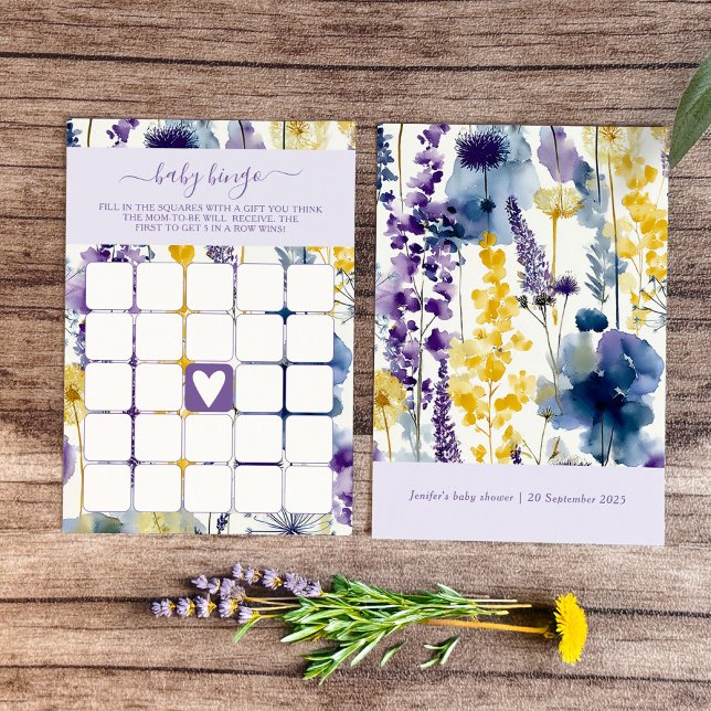 Convite Bingo de Bebê Flor de Campo Amarela Roxa em Aquare (Celebrate your mama-to-be moment in full bloom with this elegant wildflower design. )