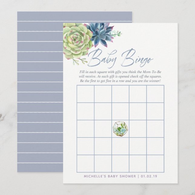 Convite Bingo de Chá de Bebê de Suculentas em Aquarela (Frente/Verso)