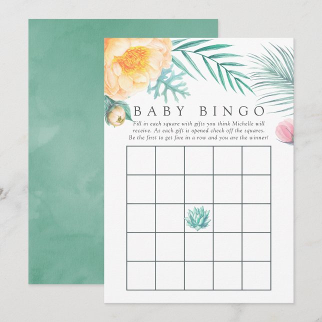 Convite Bingo de Chá de Bebê Floral de Hortelã Tropical de (Frente/Verso)