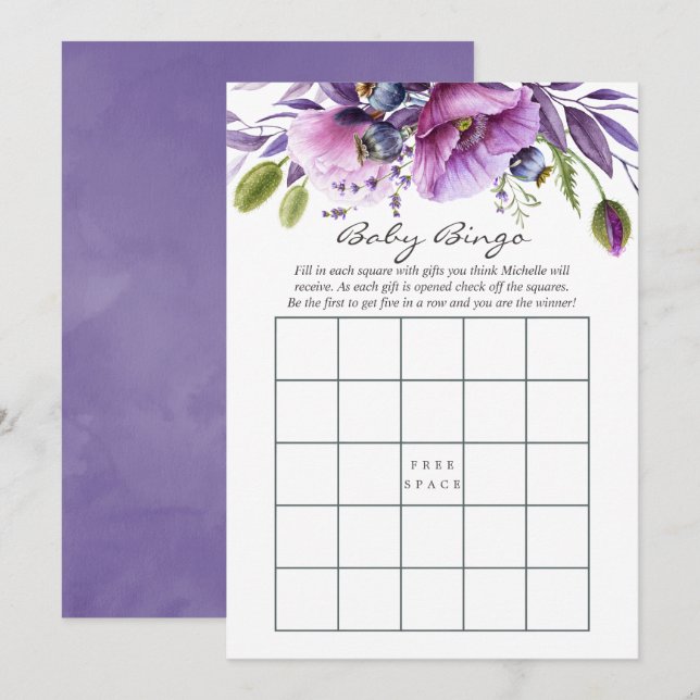 Convite Bingo de Chá de Bebê Floral Papoula Violeta em Aqu (Frente/Verso)