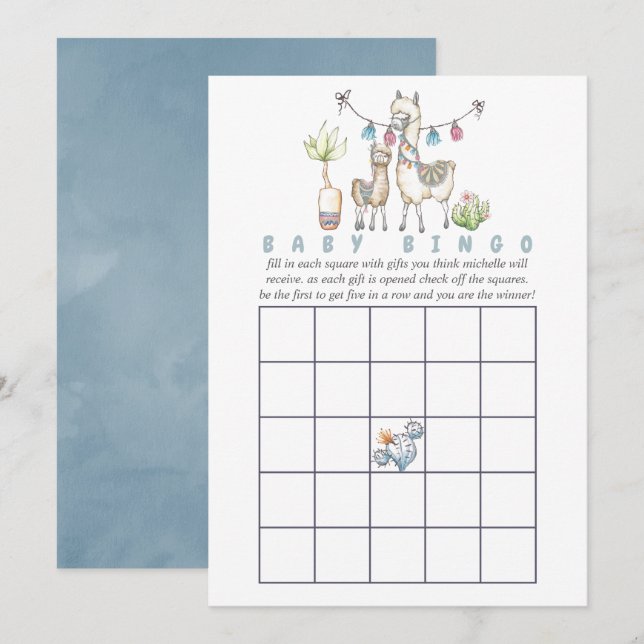 Convite Bingo de Chá de Bebê temático de Lhama em Aquarela (Frente/Verso)