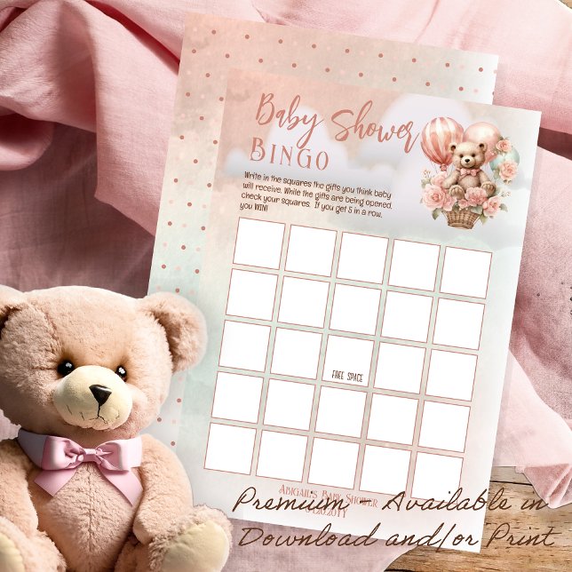 Convite Bingo de Chá de fraldas de Garota Rosa (Teddy Bear Hot Air Balloon | Pink Flowers Girl Baby Shower Bingo Game Download and/or Print)