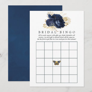 Convite Bingo de Chá de Noiva Azul Marinho e Dourado Vinta