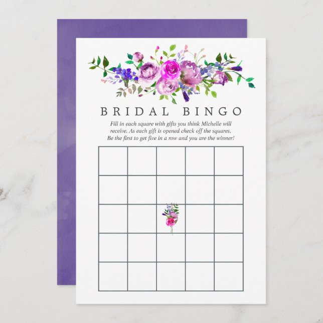 Convite Bingo de Chá de panela Floral Ultra Violet Waterco (Frente/Verso)