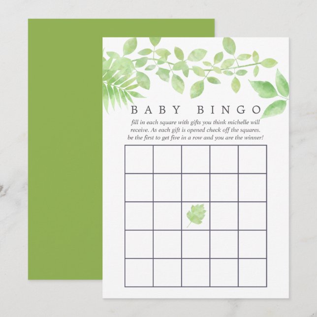 Convite Bingo de Chuvá de Bebê em Aquarela Verde (Frente/Verso)