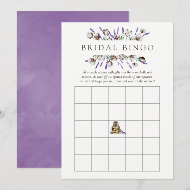 Convite Bingo de Chuveiro de Noiva Algodão Lavanda Aquarel (Frente/Verso)