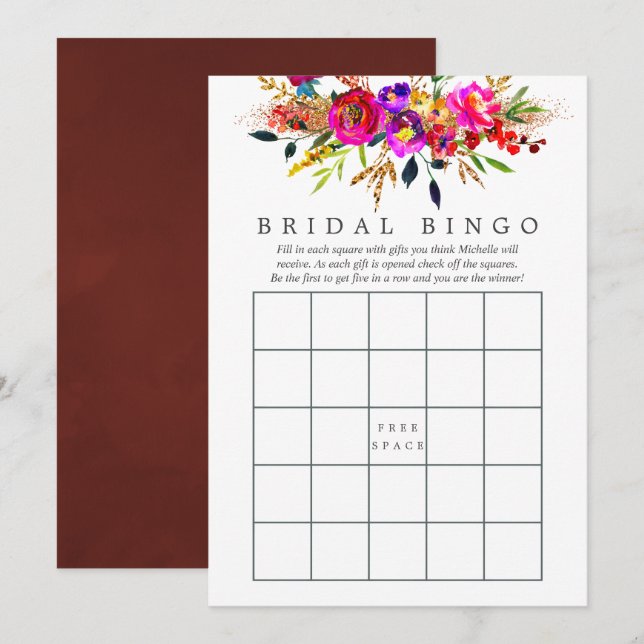 Convite Bingo de Chuveiro de Noiva com Florais em Aquarela (Frente/Verso)