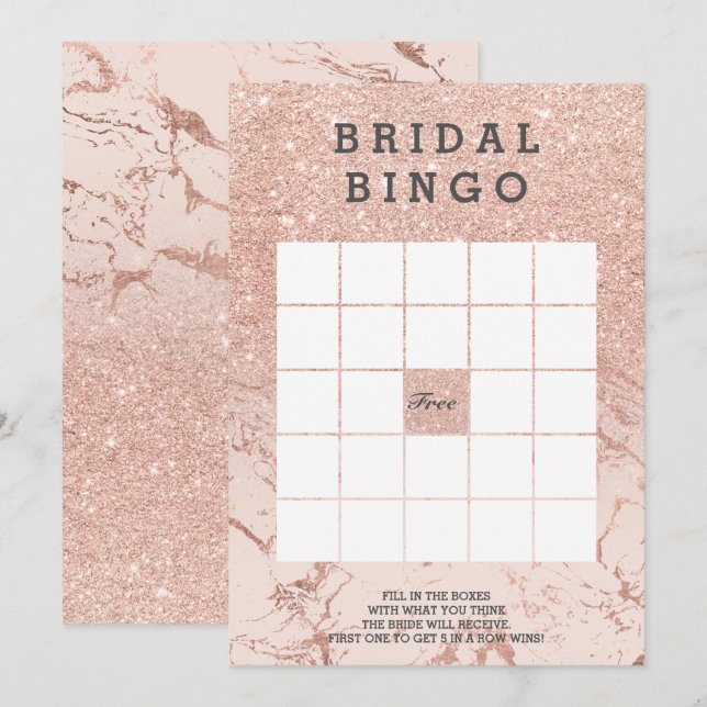Convite Bingo de mármore rosa-bridal rosa dourado (Frente/Verso)