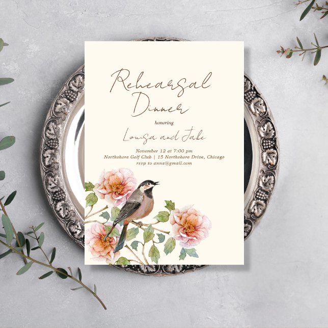 Convite Bird in Flowering Branches Rehearsal Dinner (Criador carregado)