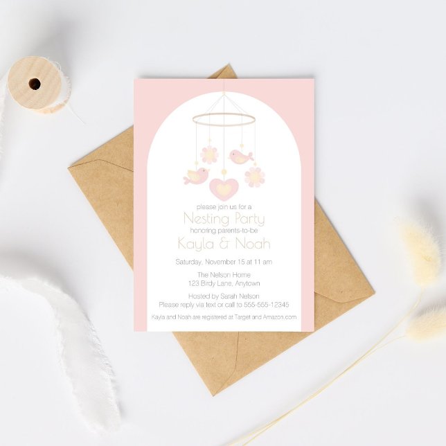 Convite Bird Mobile Nesting Party (Pink and yellow baby mobile Nesting Party Invitation for a girl baby shower)