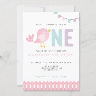 Convite Bird Primeiro Aniversário Rapariga Convidar Pequen