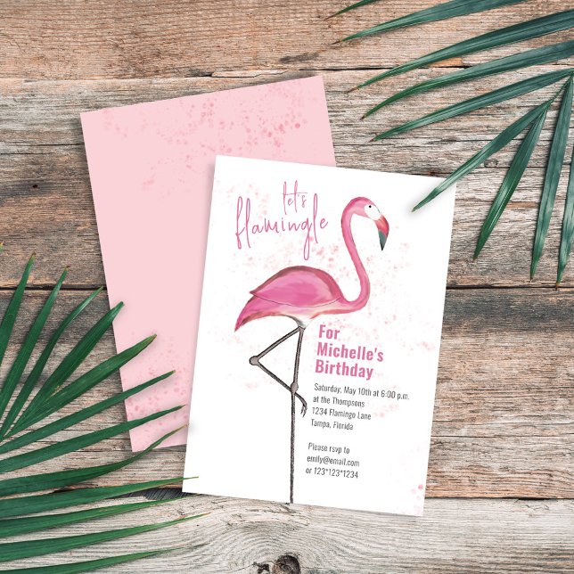Convite Birday Watercolor Pink Tropical Beach Flamingo (Birthday pink flamingo invitation with "let's Flamingle" wording. )