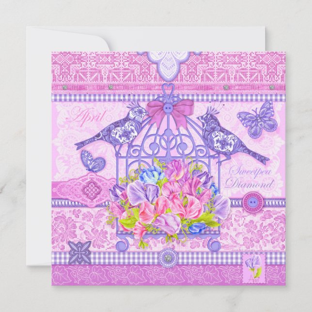Convite Birdcage Card - Flor de Nascimento e Gem April (Frente)