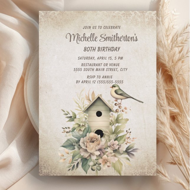 Convite Birdhouse Botanical Nature 80 Aniversário (Rustic, vintage birdhouse women's 80th birthday party invitation)