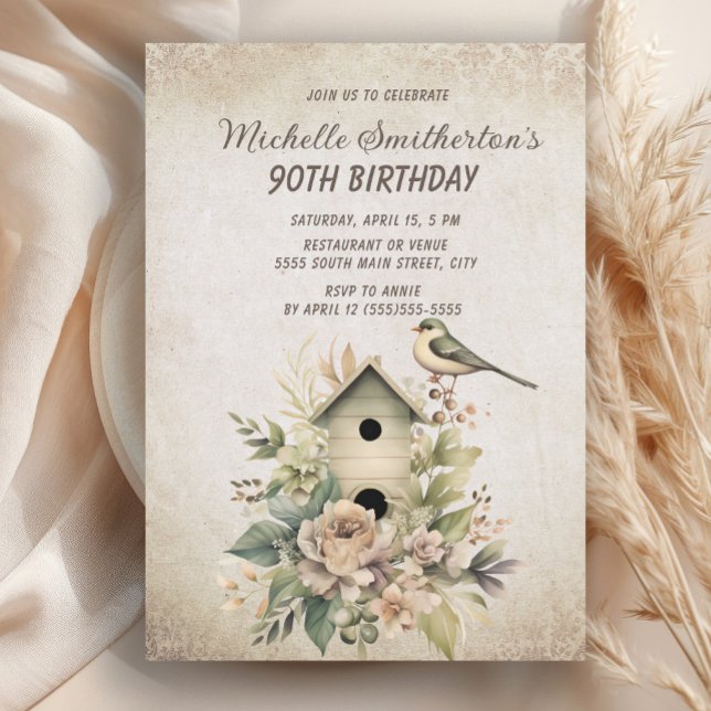 Convite Birdhouse Flowers Rustic Vintage 90 Aniversário (Rustic, vintage women's 90th birthday party invitation)