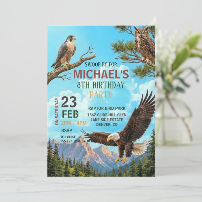 Convite Birds of Prey Birthday Party Invitation (Em pé/Frente)
