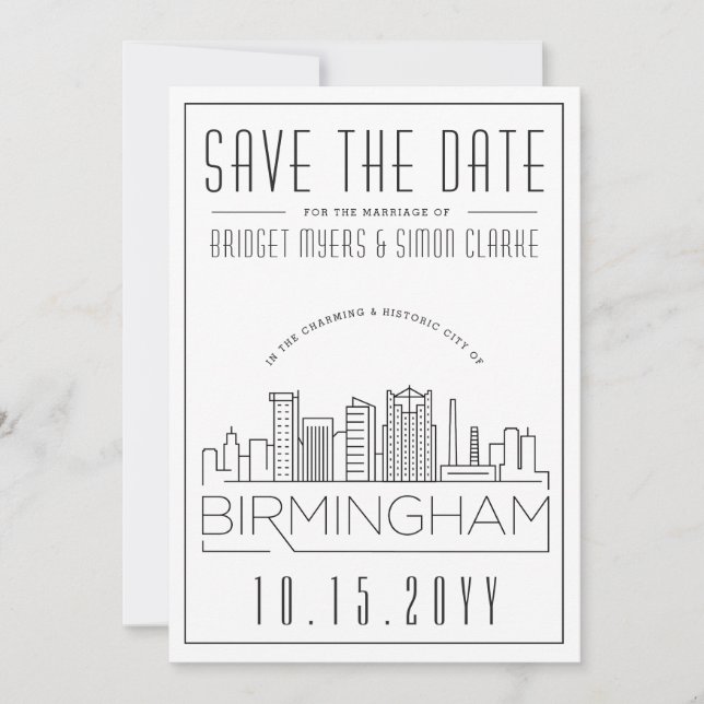 Convite Birmingham Wedding Stylized Skyline Salvar a Data (Frente)