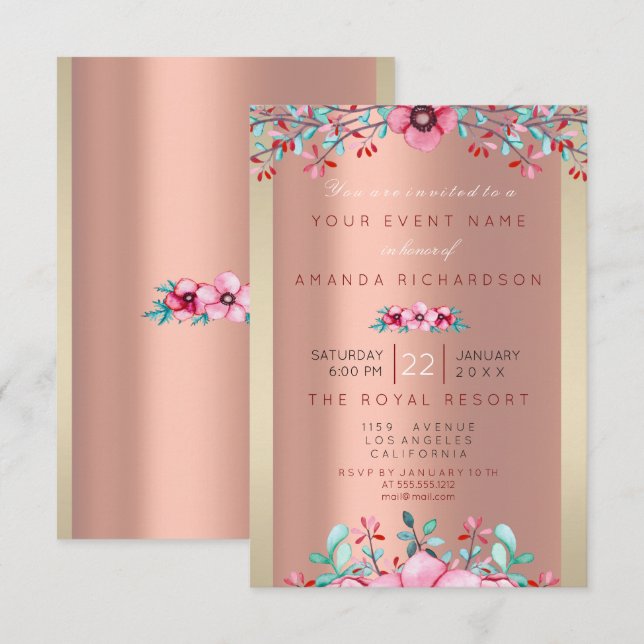Convite Birthay 16th Bridal Floral Rosa Dourado Frame (Frente/Verso)